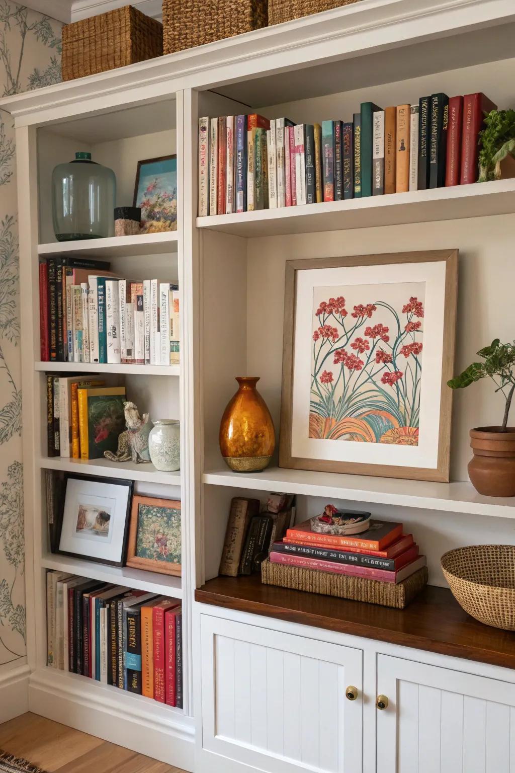 Art prints contributing charm to a meticulously styled bookcase.
