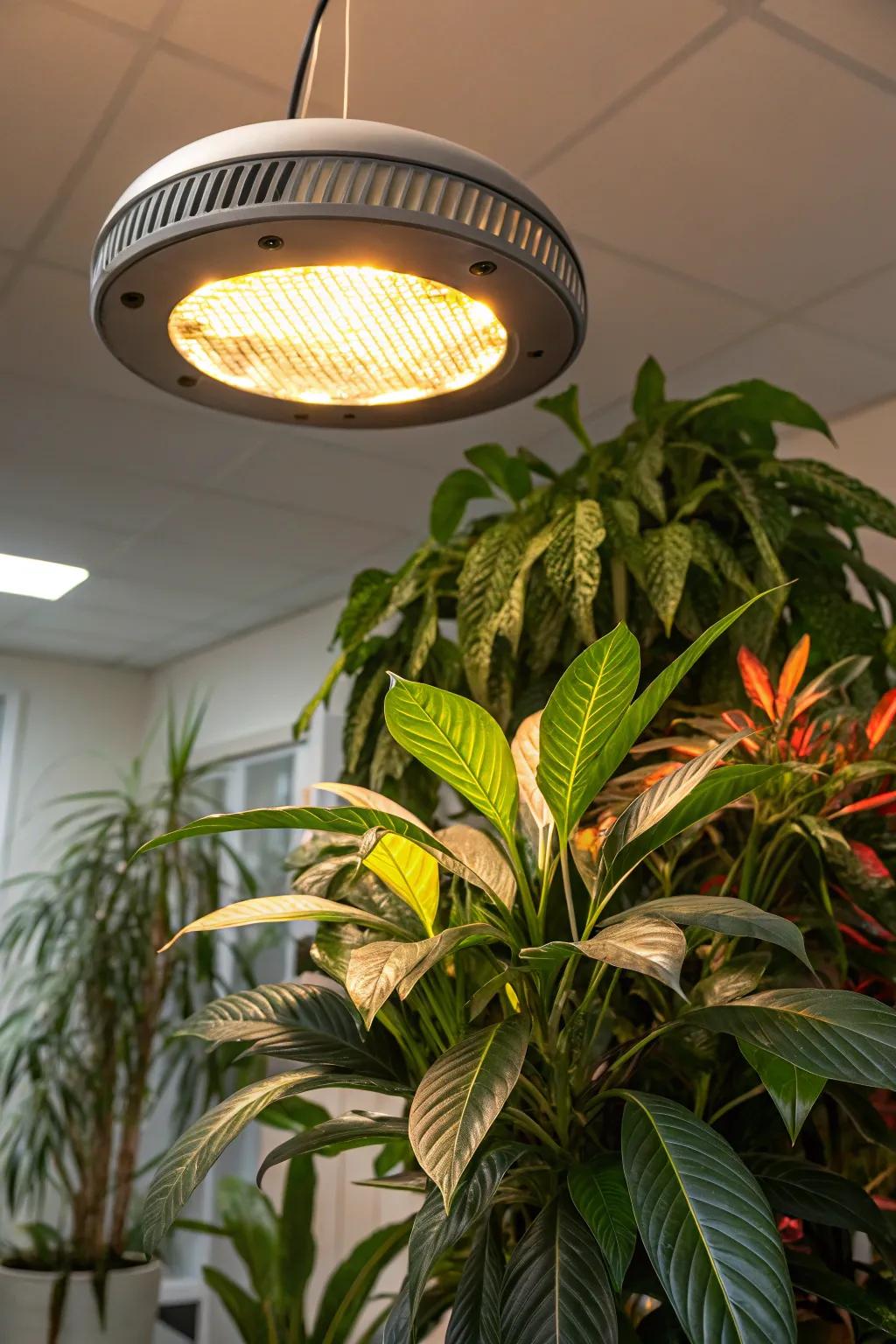 Overhead ceiling grow lights adding drama to an indoor plant arrangement.