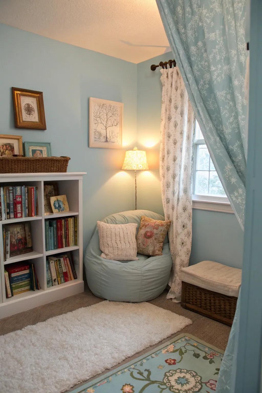 A relaxing nook enhances the comfort of an azure-themed bedroom.