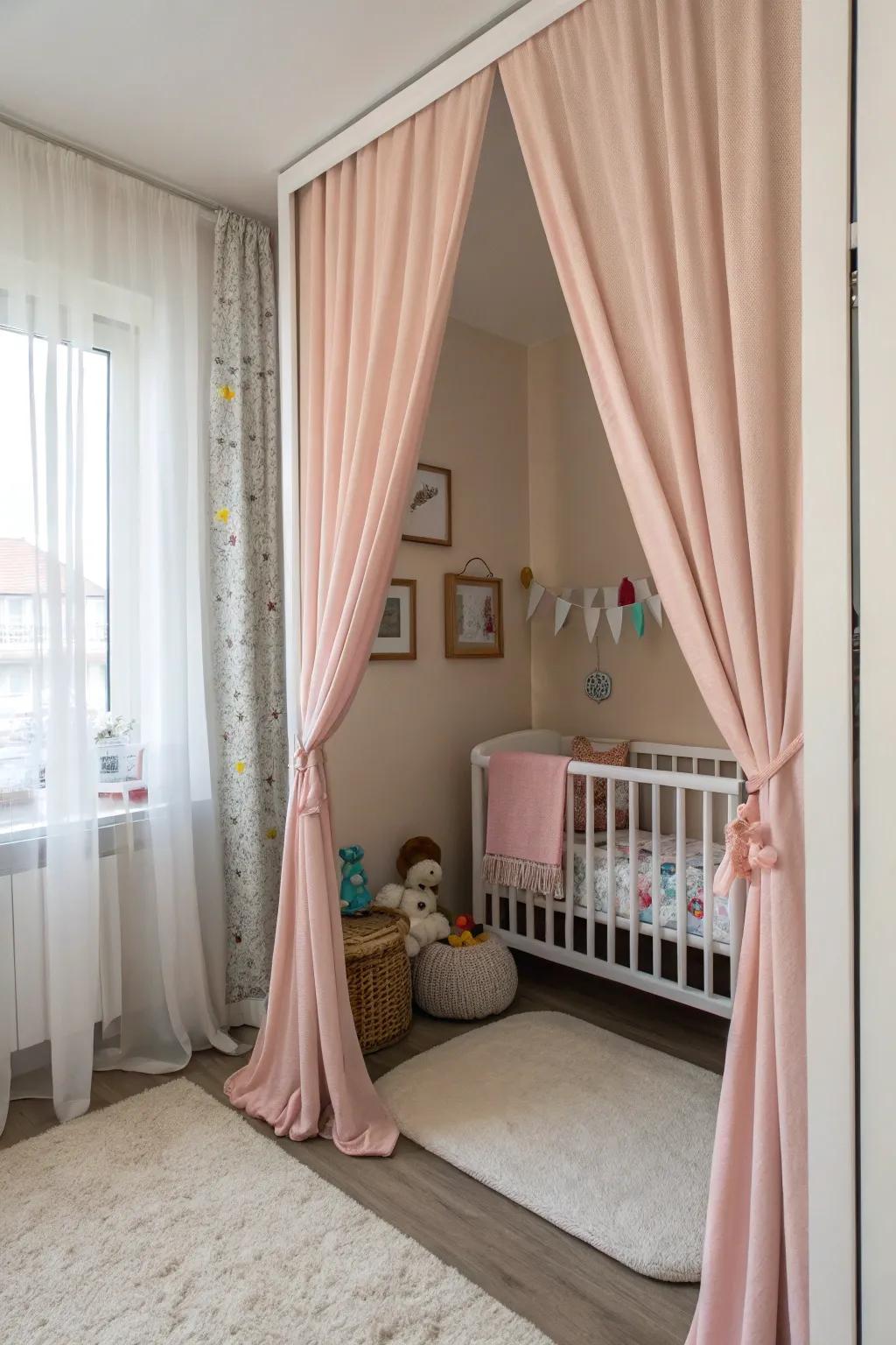 Curtain dividers offer privacy and define the baby area within a shared space.