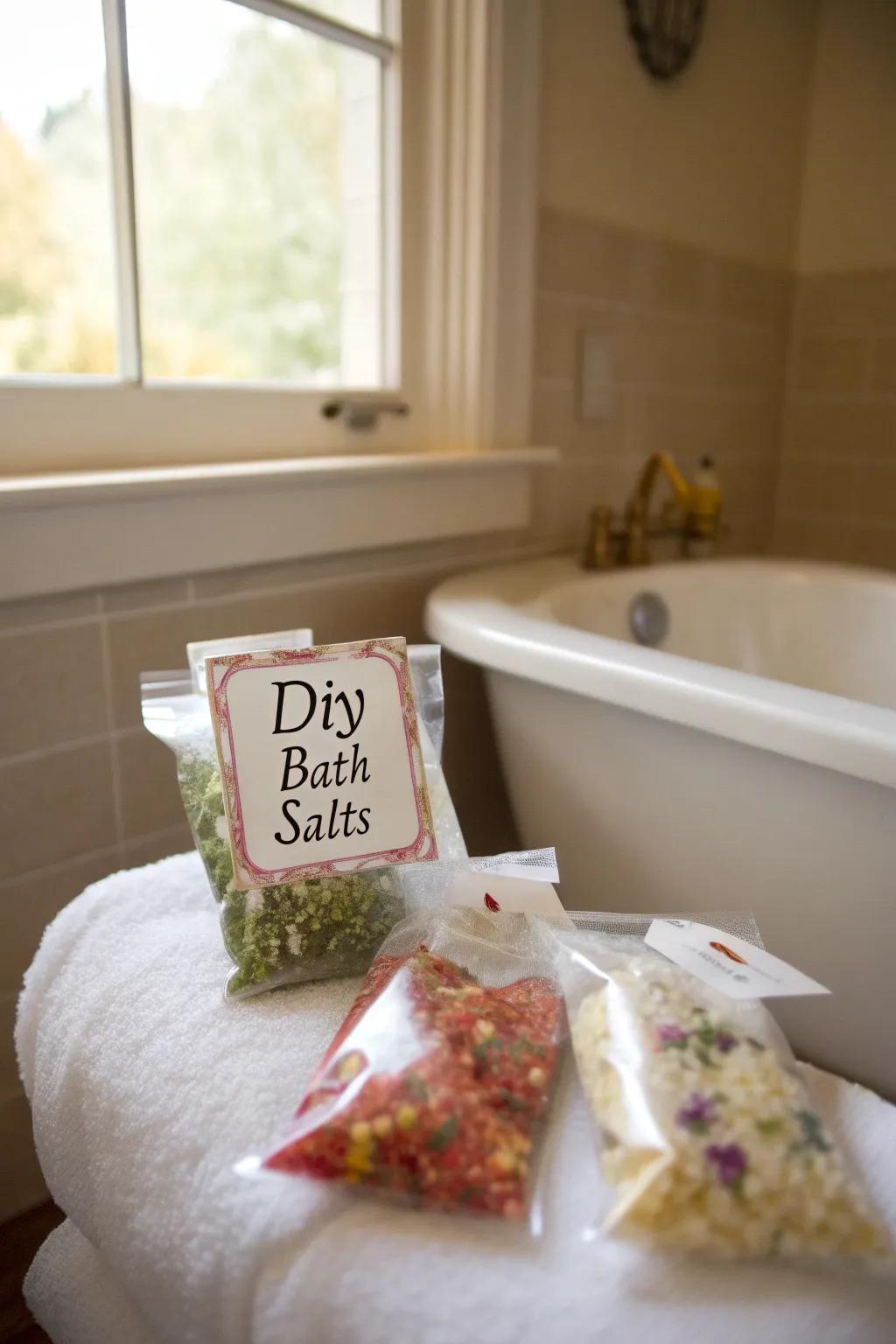 Self-made bathing salt sachets offer a soothing present choice.