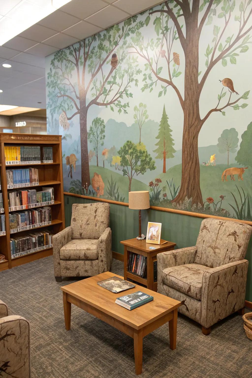 A reading space with a forest mural showcasing a forest-inspired wall.