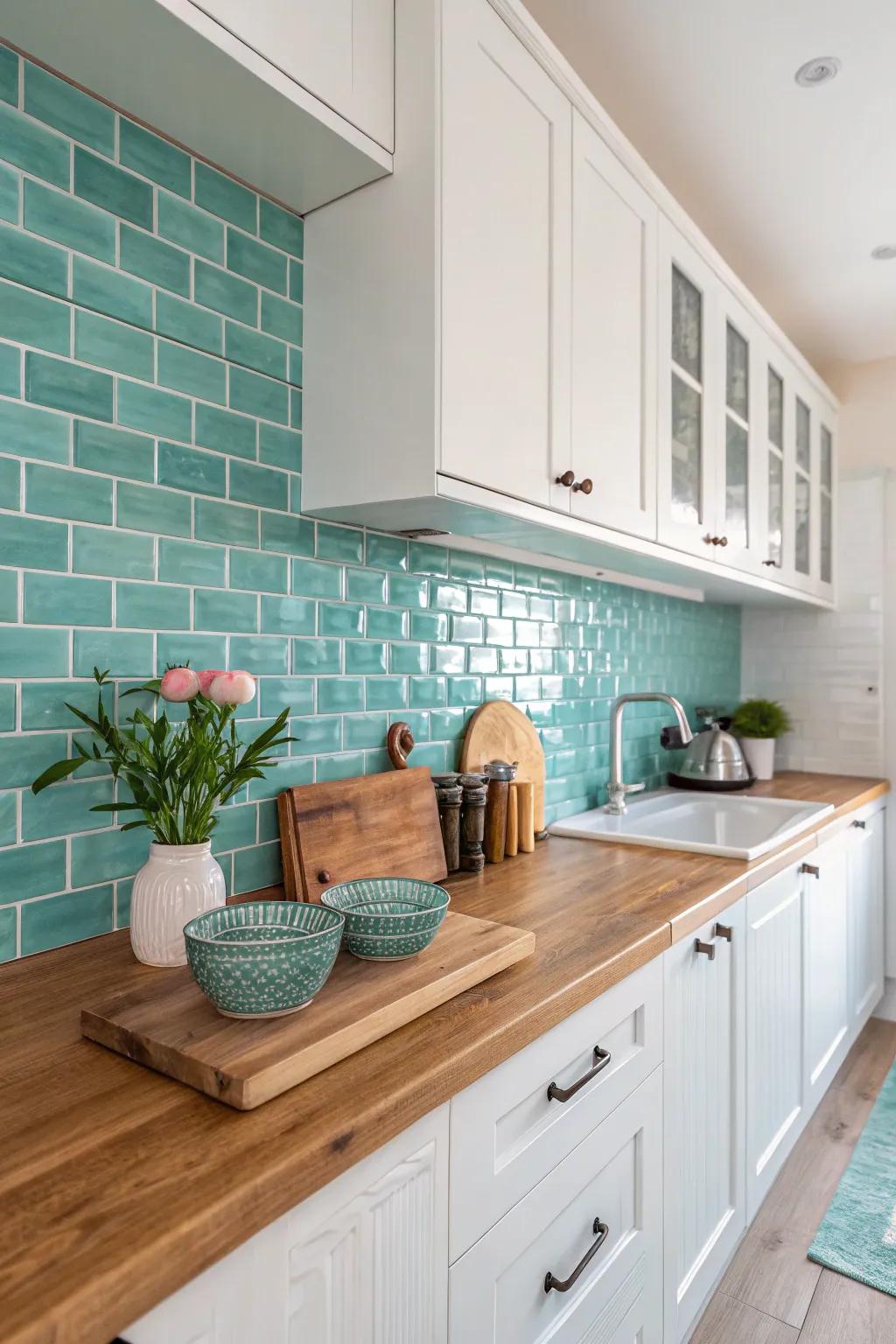 Serene vibes through a tranquil teal backsplash.