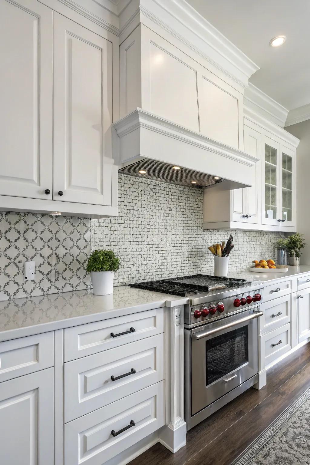 Consistent tiles offer a minimalist design in this white kitchen.