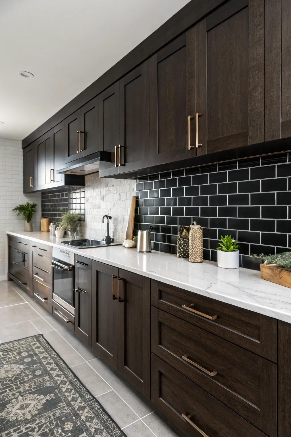 Sophisticated drama using dark brick tiles.