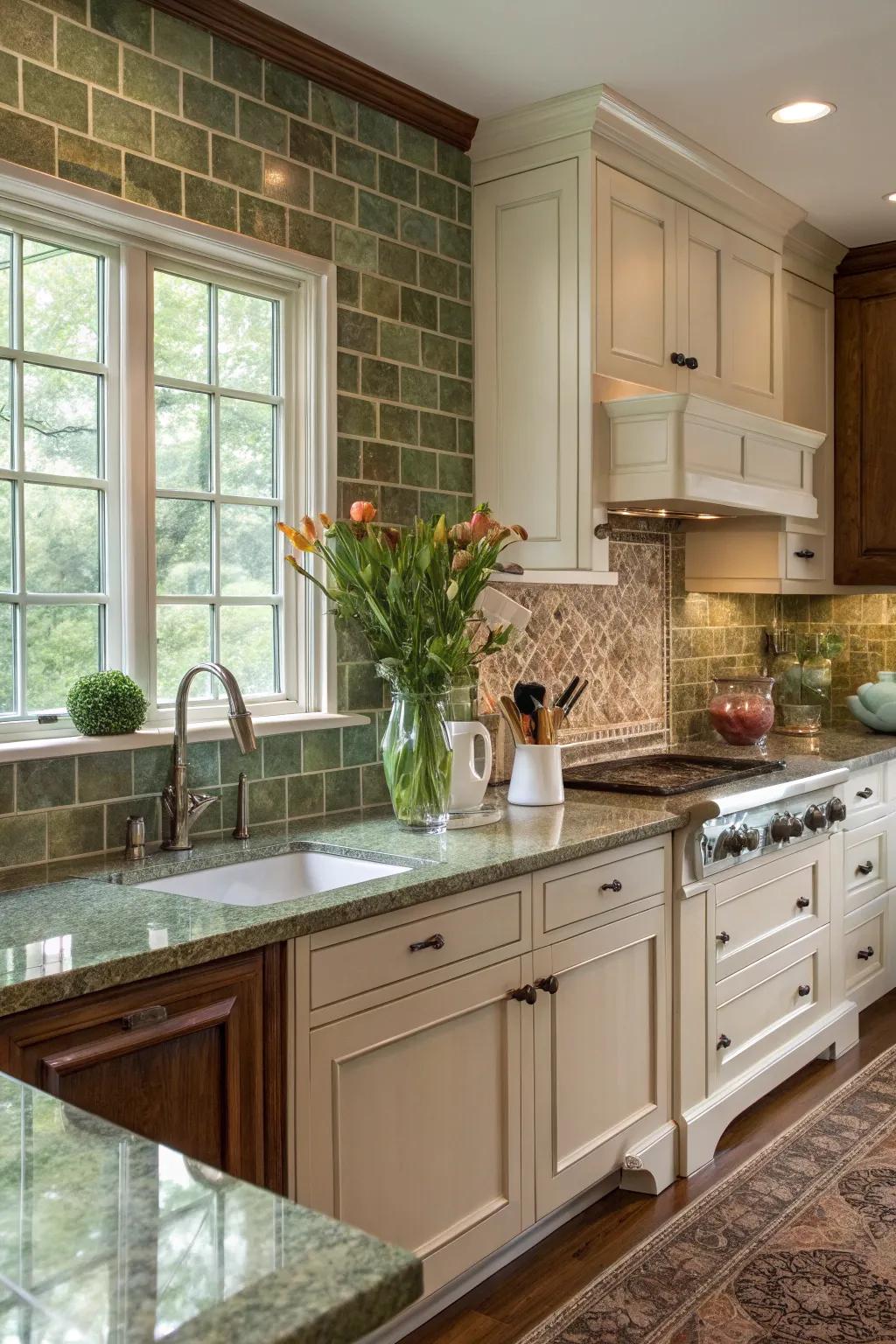 Herb green tiles offer a serene complement to fantasy brown granite.