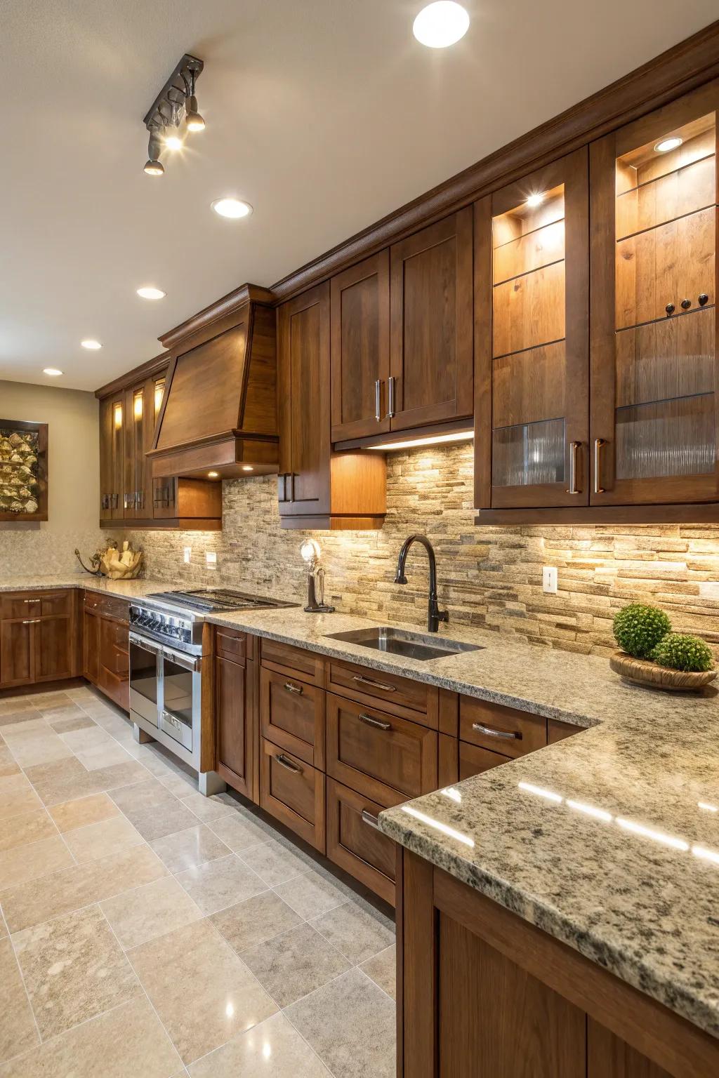 Wood features impart comfort to granite countertops.