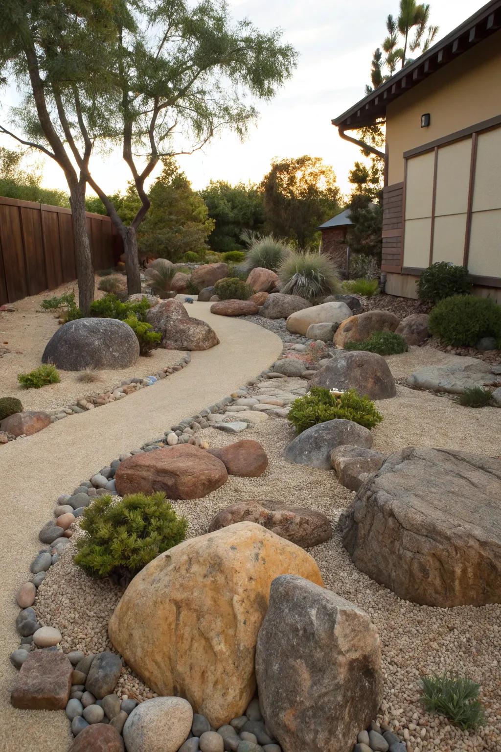 Integrate crushed rock with rocks for a garden feature.