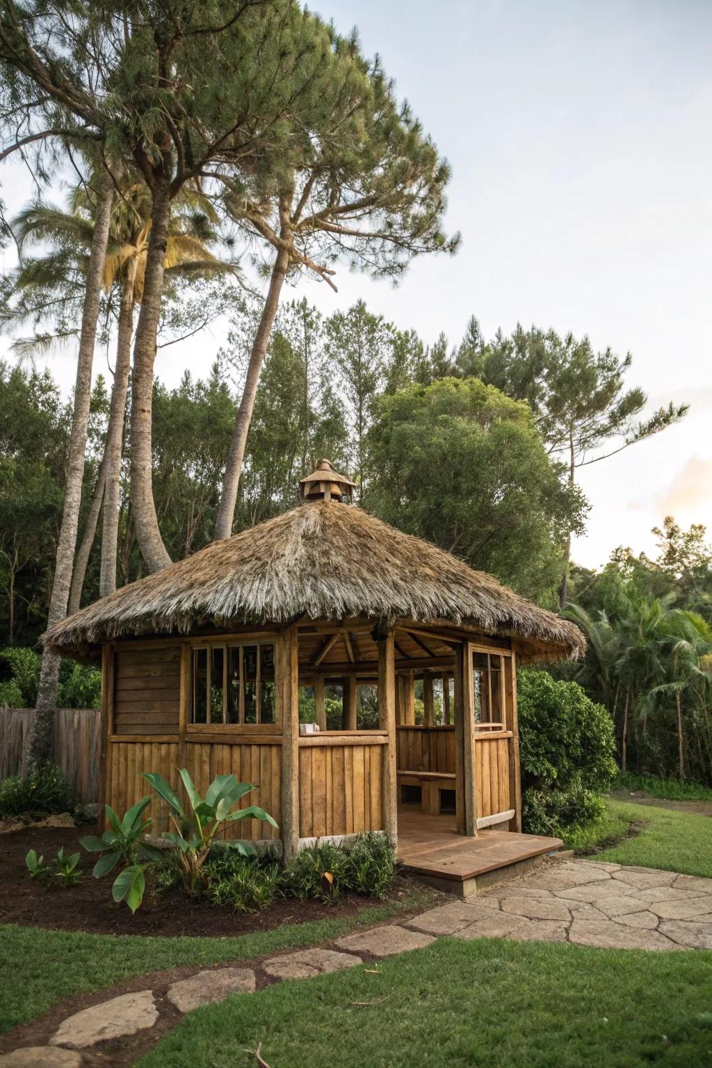 Recycled materials lend character and sustainability to your tiki hut.