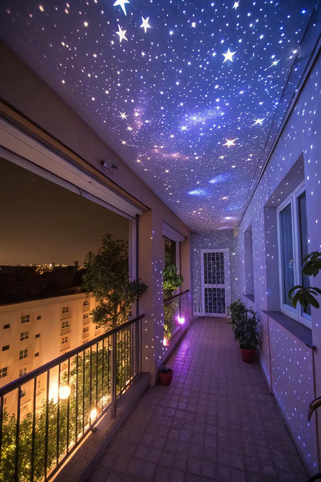 A celestial projector transforms your balcony with a dreamy, cosmic atmosphere.