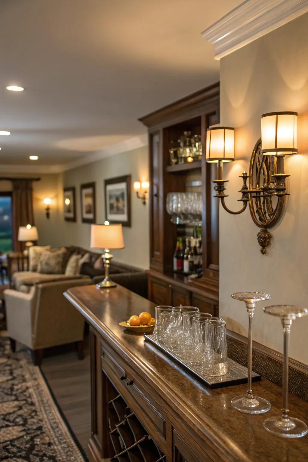 Wall sconces introduce elegance and ambient lighting to the bar.