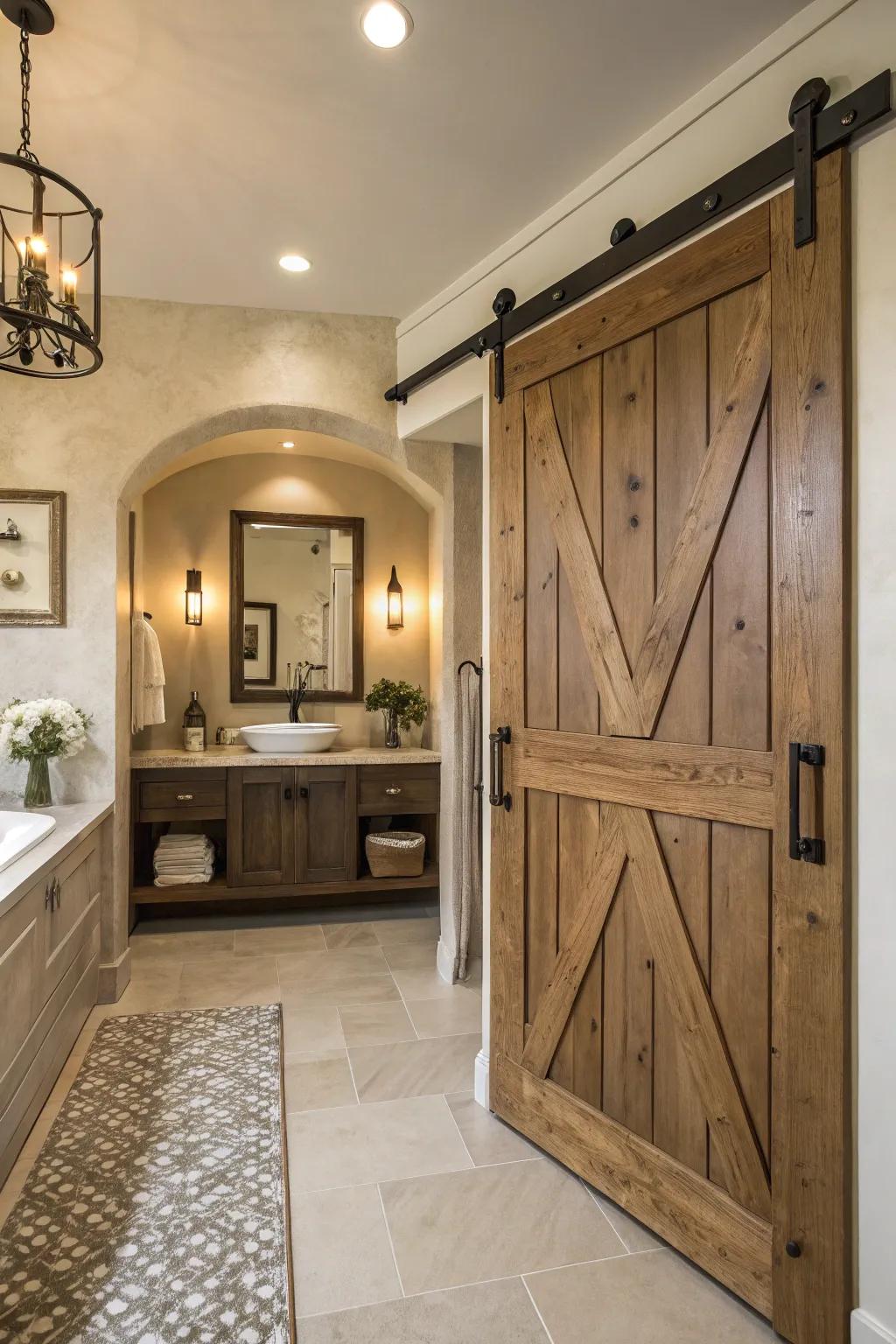 Arched contours infuse grace and softness into the barn door design.
