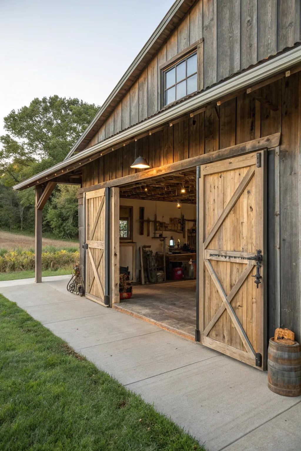 Sliding barn accesses contribute a countryside touch and preserve space within this barn garage.