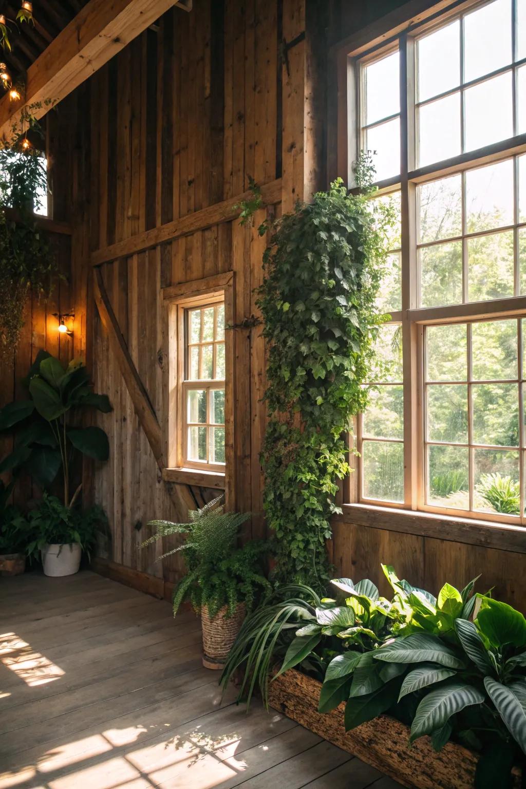 Invite nature indoors with barn wood and greenery.