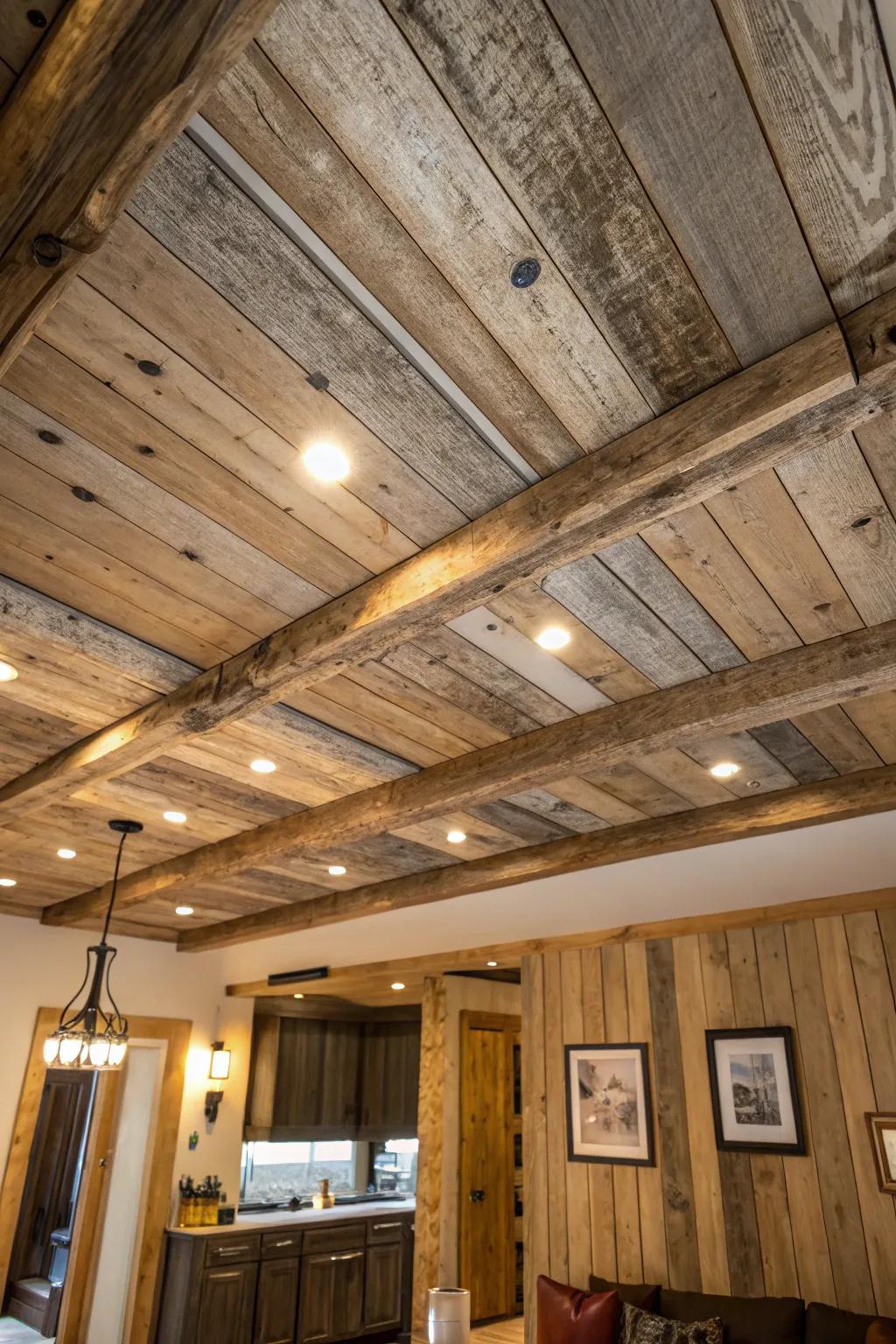 Wood plank boards adding countryside charm to a ceiling.