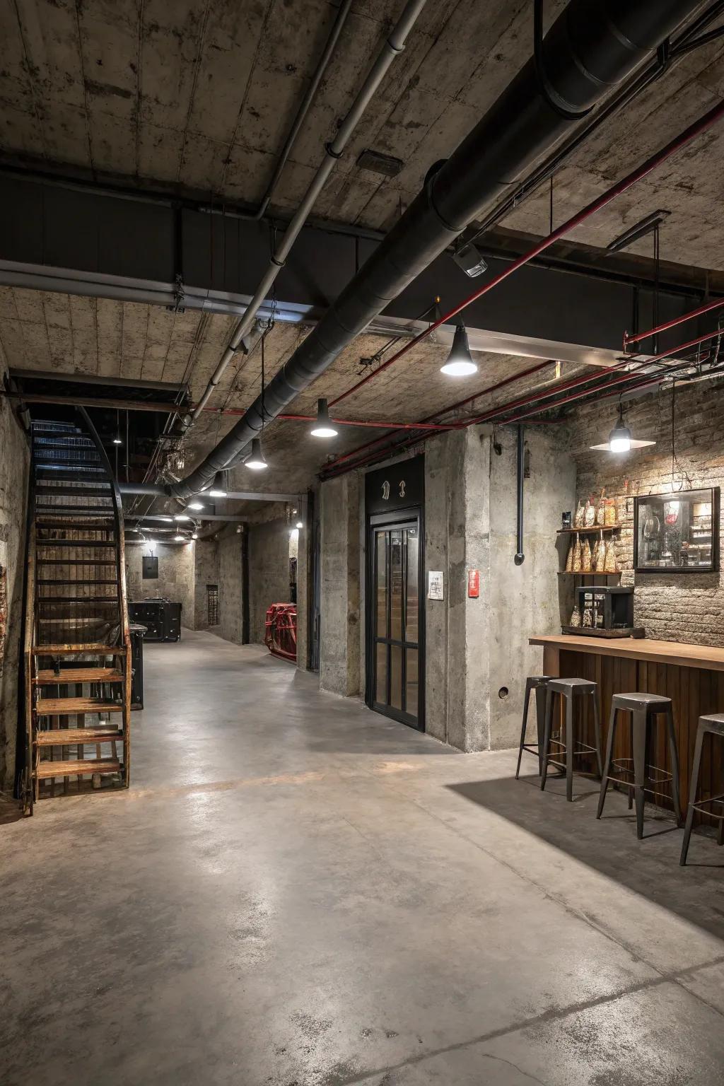 Industrial chic is easy to achieve with concrete floors, metallic accents, and exposed beams.