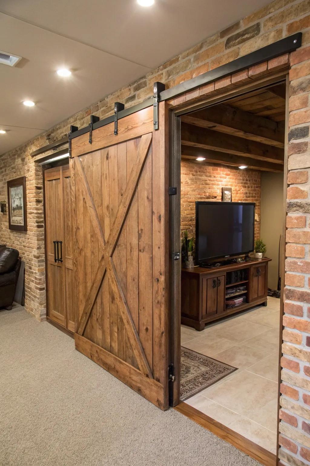 A basement TV wall showcasing a sliding barn door that contributes countryside charm and functionality.
