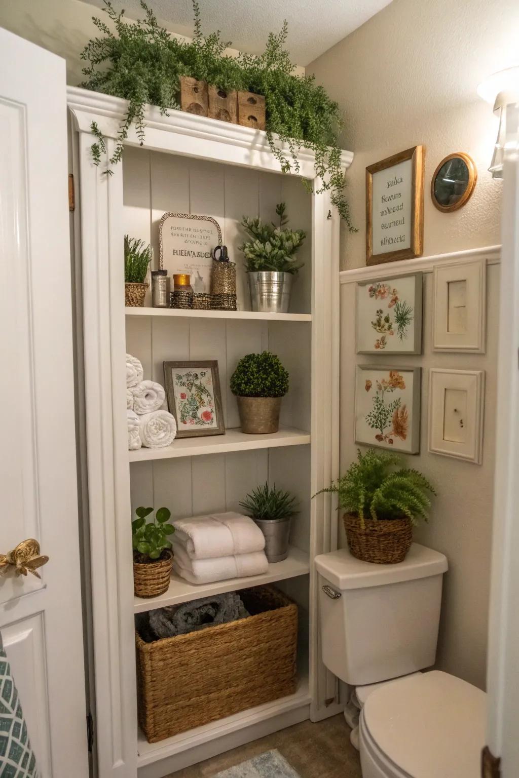 Charming decorative accents enhance your organized space.