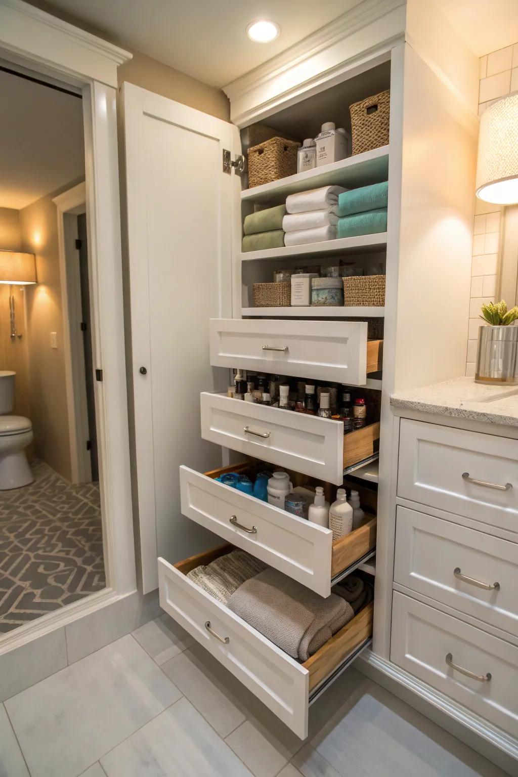 Pull-out shelves provide concealed storage in a bathroom closet.