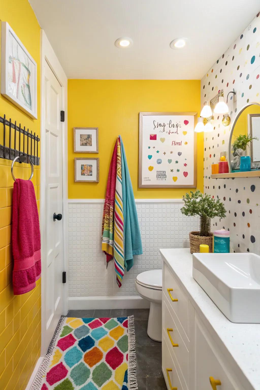 A playful bathroom featuring a pop of vibrant color.