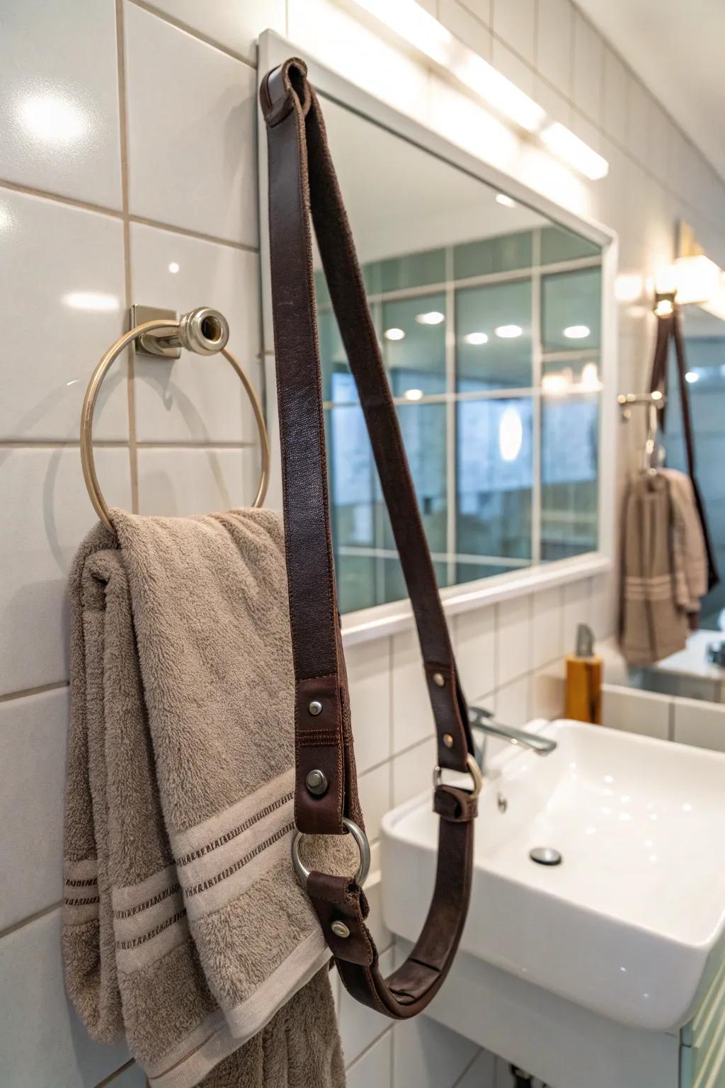 Leather band hangers bring texture and warmth.