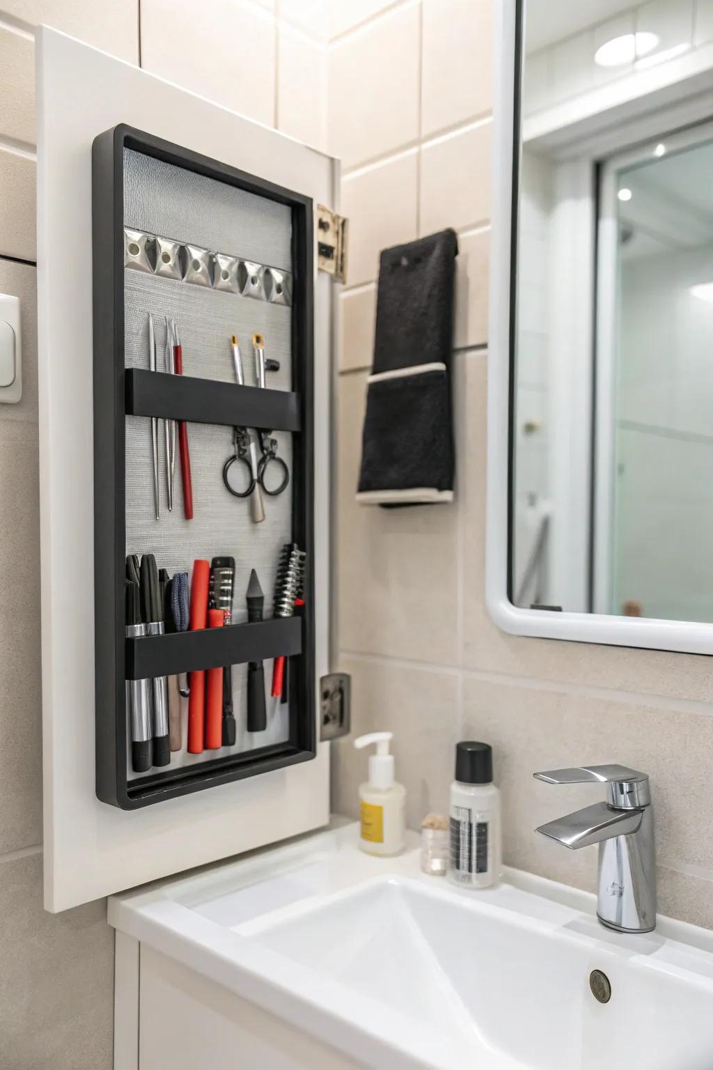 Magnetic strips organizing small metal tools.