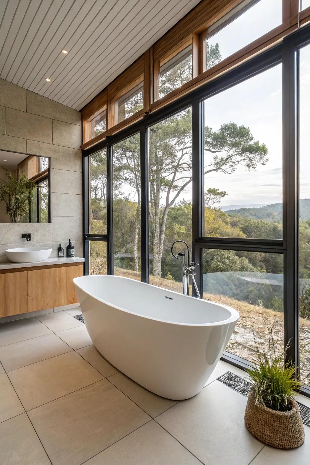 A uniquely shaped bathtub makes a daring statement in this bathroom.