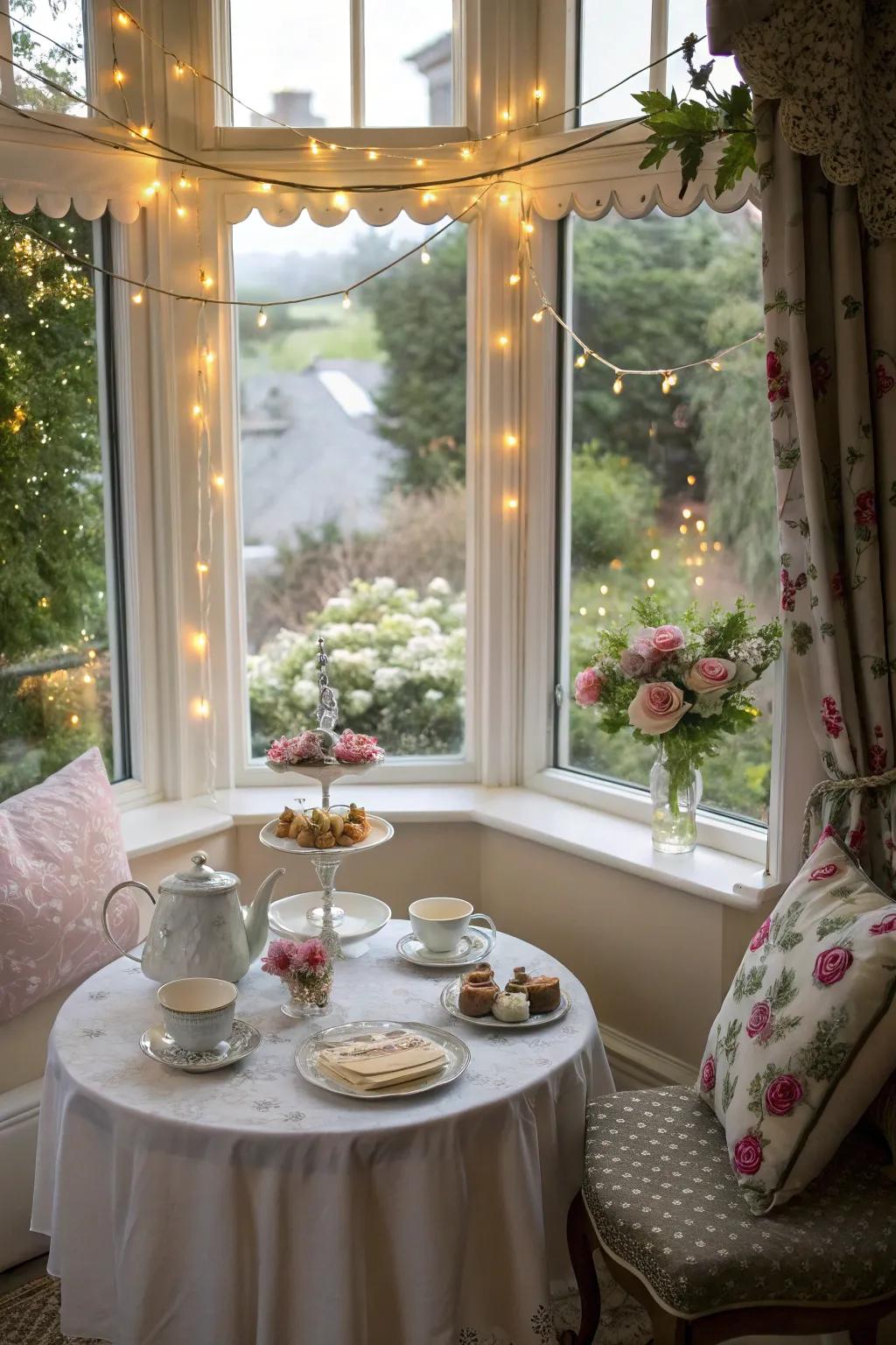 A quirky tea area within the bay window is perfect for delightful afternoon gatherings.