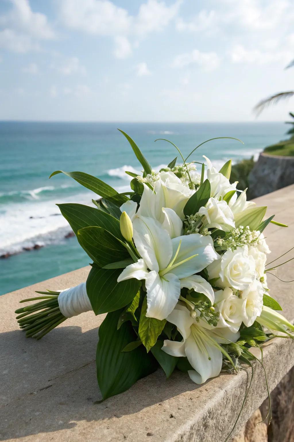 An enduring bouquet showcasing classical sophistication for a beach wedding.