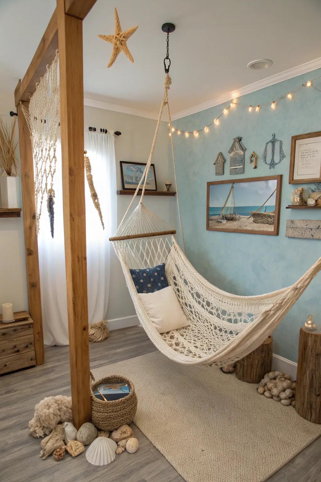 A hammock delivers a relaxed, beachy vibe.