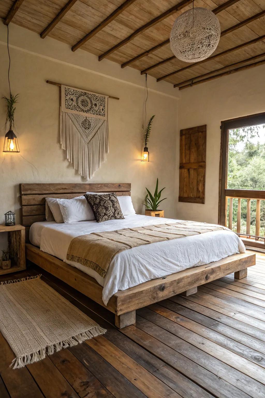 Unrefined timber platforms deliver a grounded and organic bedroom ambiance.
