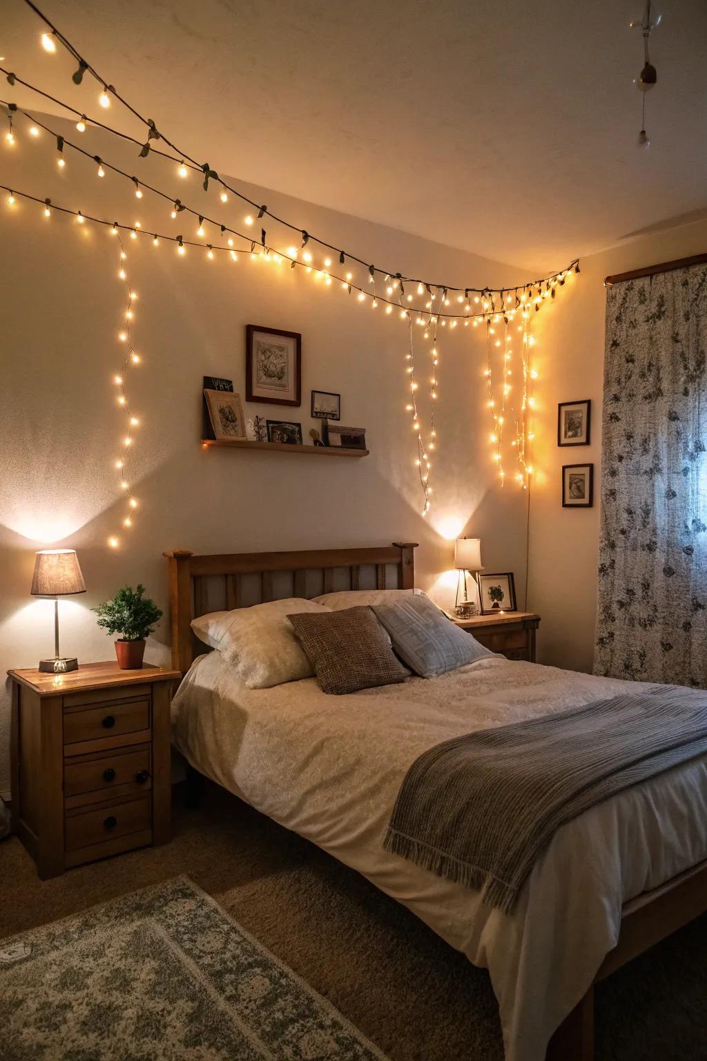The mood of a bedroom is transformed by ambient lighting.
