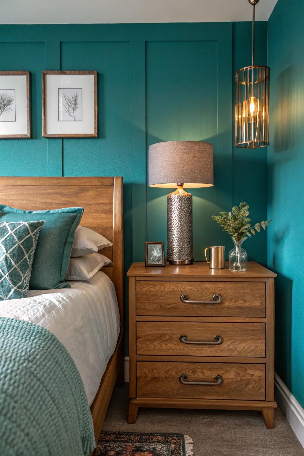 Cooling teals deliver a refreshing contrast in sunlit bedrooms.
