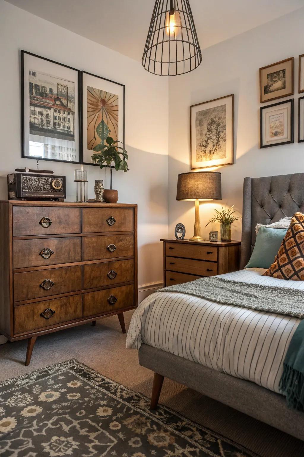 Vintage elements enrich a bedroom's design by adding character and dimension.