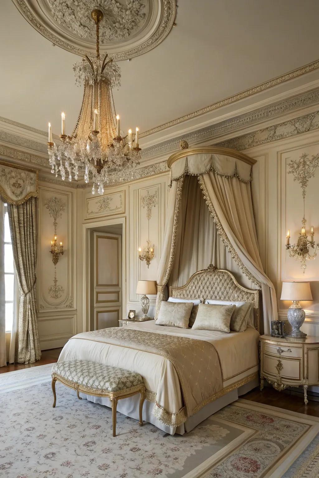Elaborate details and refined decor bring Gallic sophistication to this luxurious bedroom.