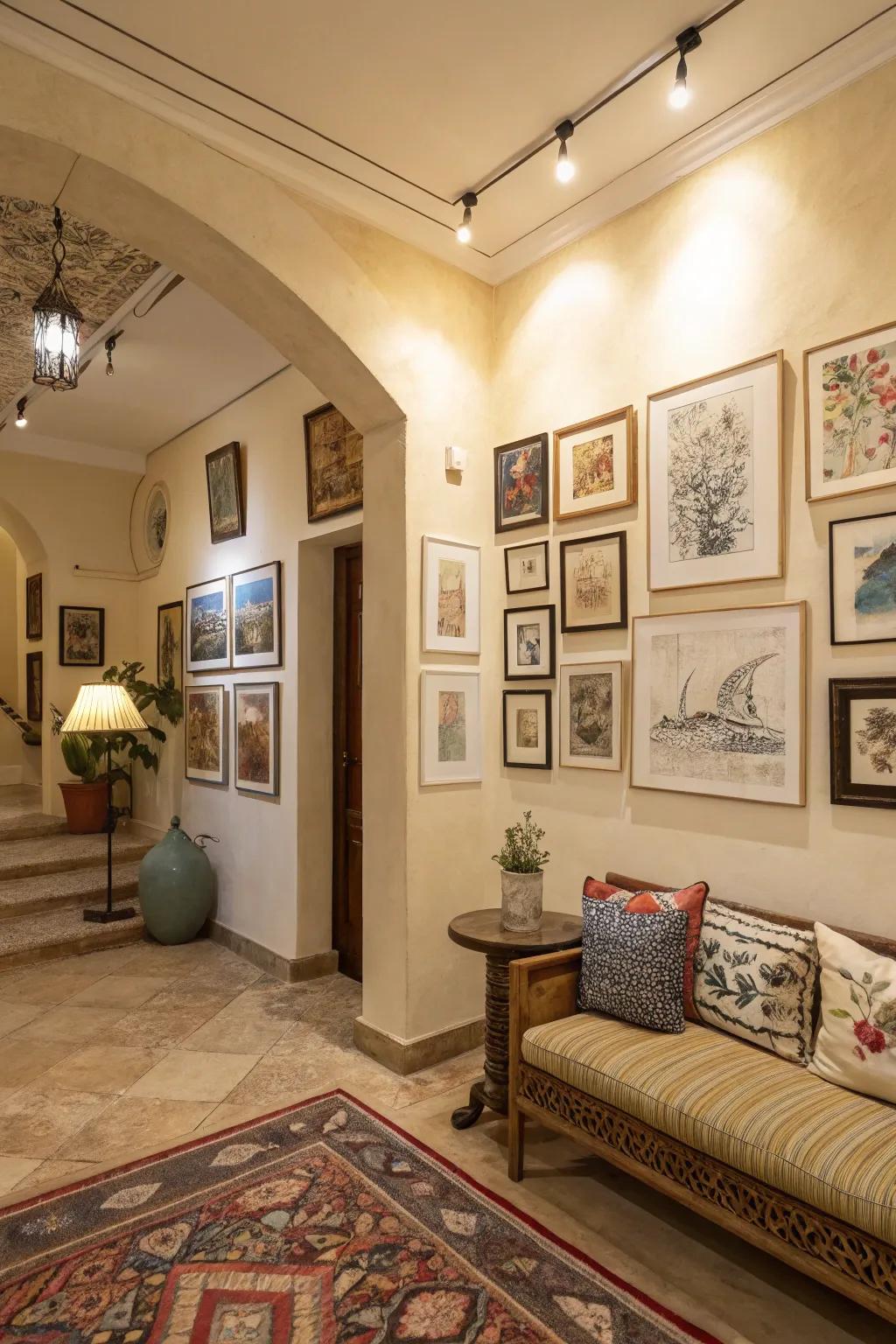 Expressive wall art injects vitality and character into the beige interior.
