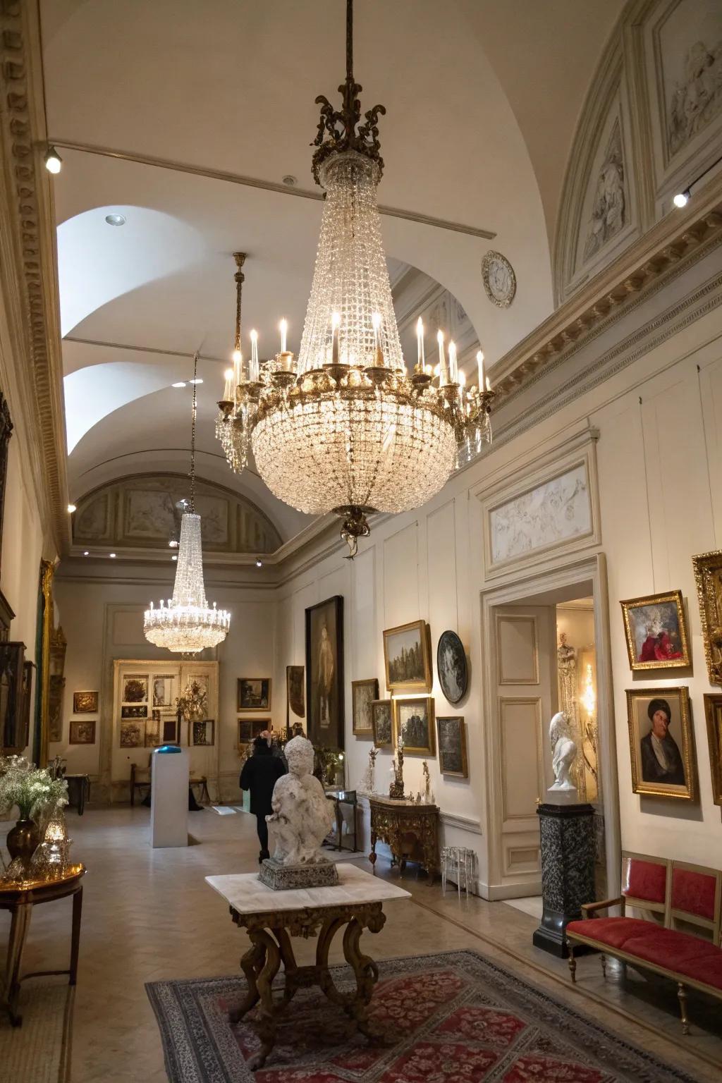 A chandelier adding dramatic flair to an art space