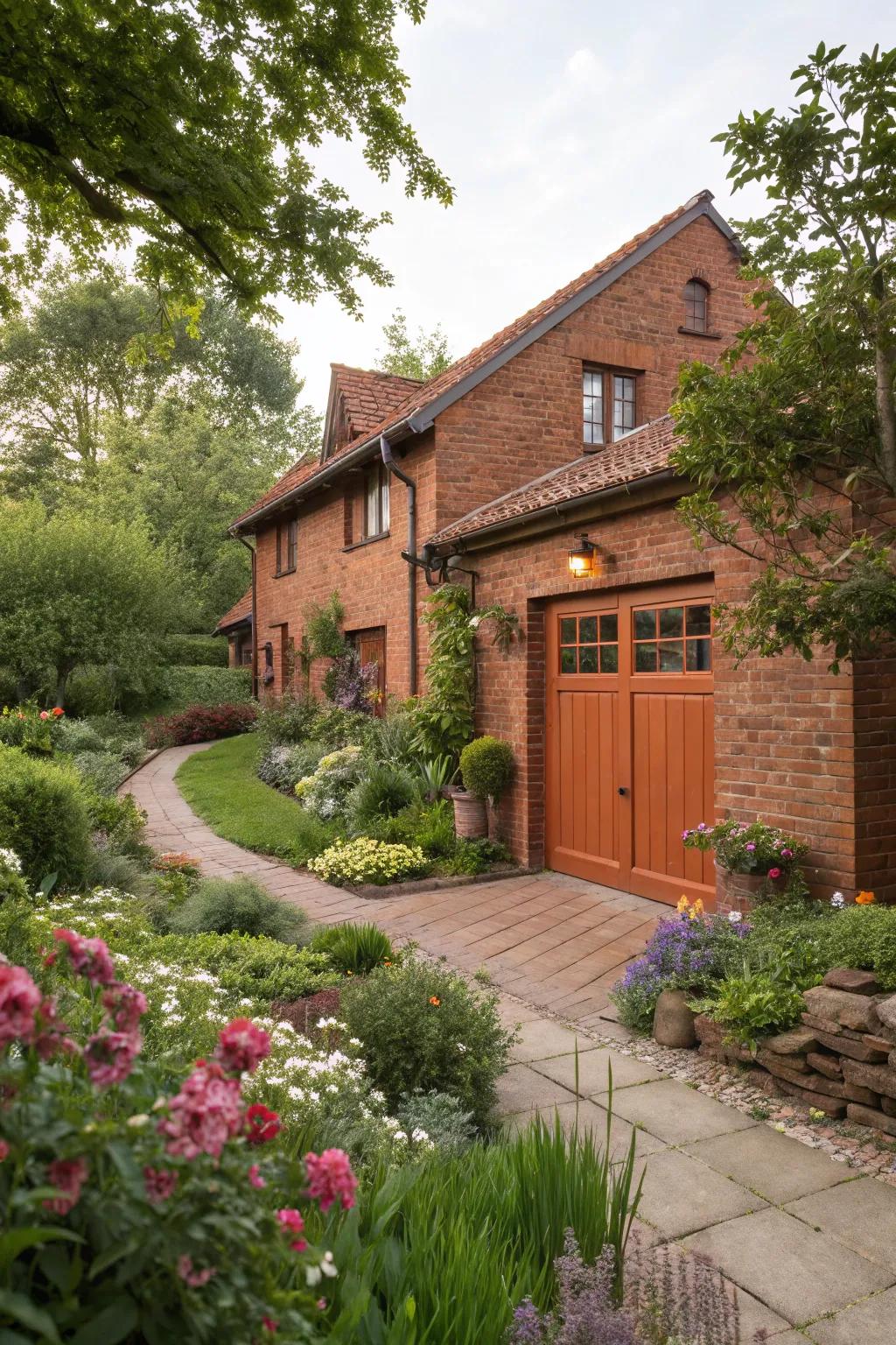Earthen clay garage doors enhance the earthy warmth of red brick homes.