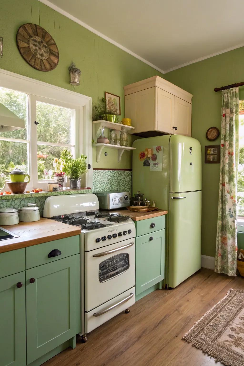 A chic kitchen with retro avocado green walls.