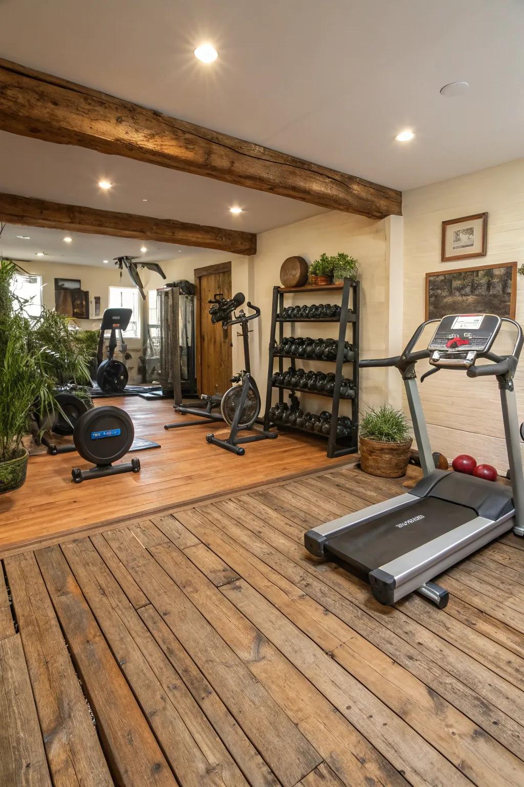 Reclaimed wood contributes warmth and sustainability to your fitness design.
