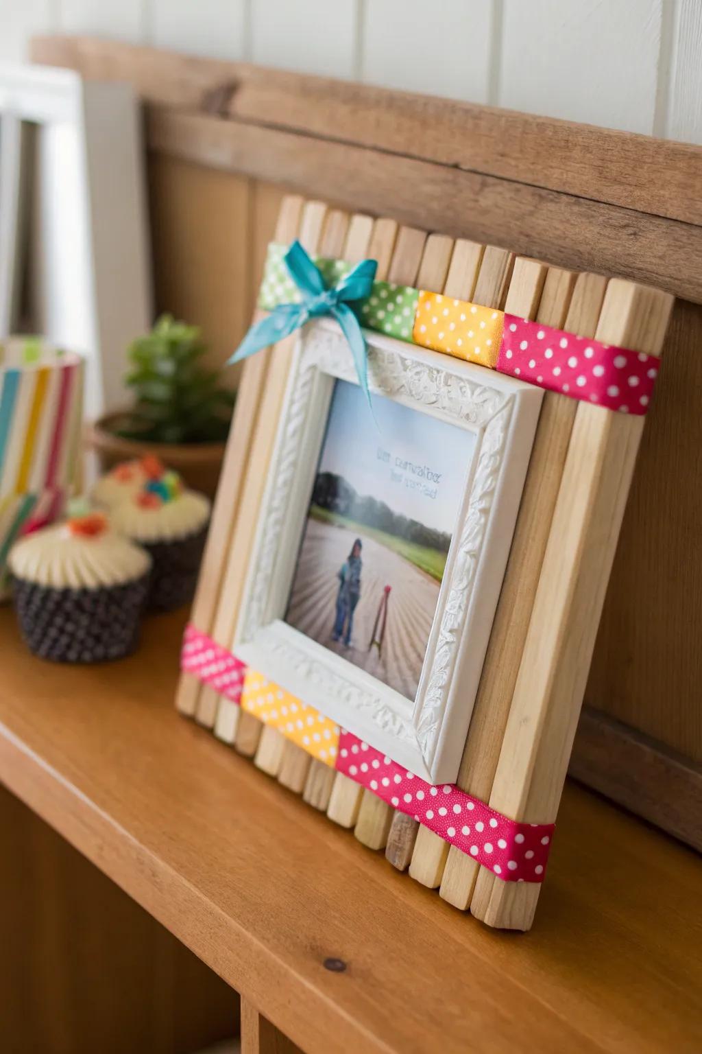 Displaying memories through frozen treat stick photo frames.
