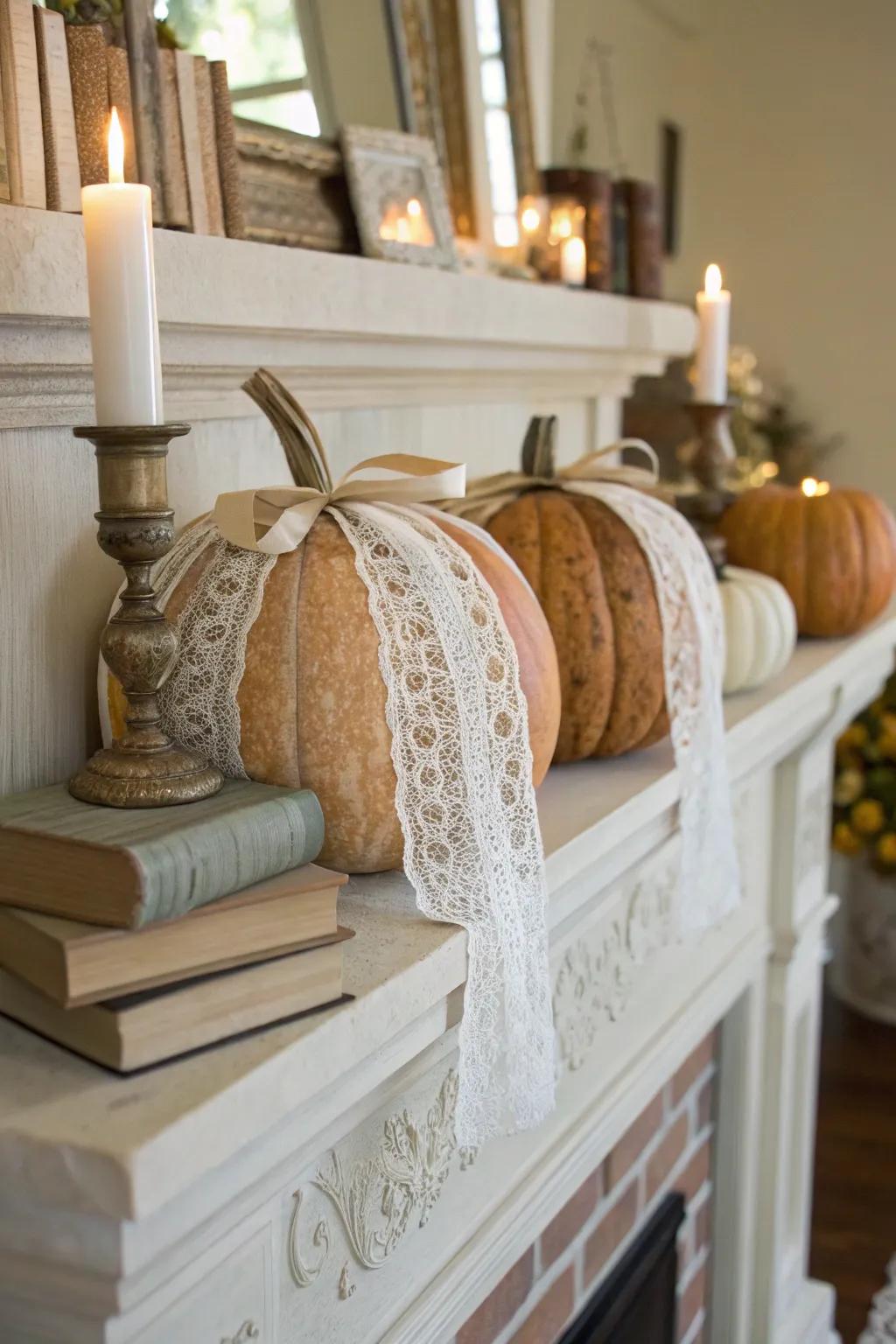 Incorporate sentiment through pumpkins enveloped in delicate lace.