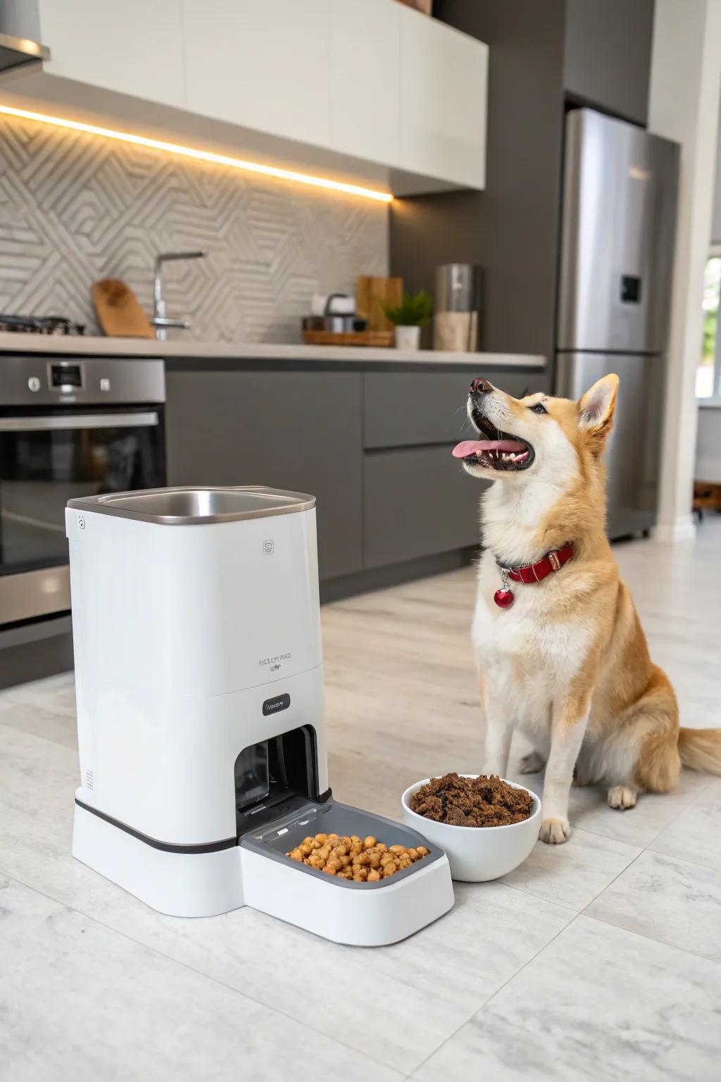 A smart pet dispenser ensures pets are well-fed, even when their owners are occupied.