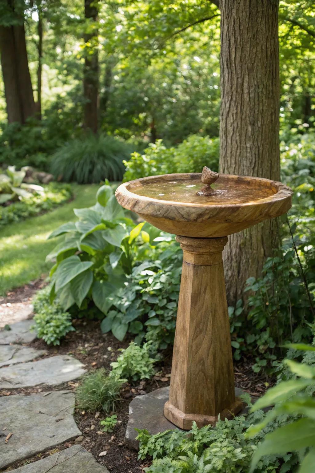 A natural wood finish bird spa blending seamlessly into the garden's organic setting.