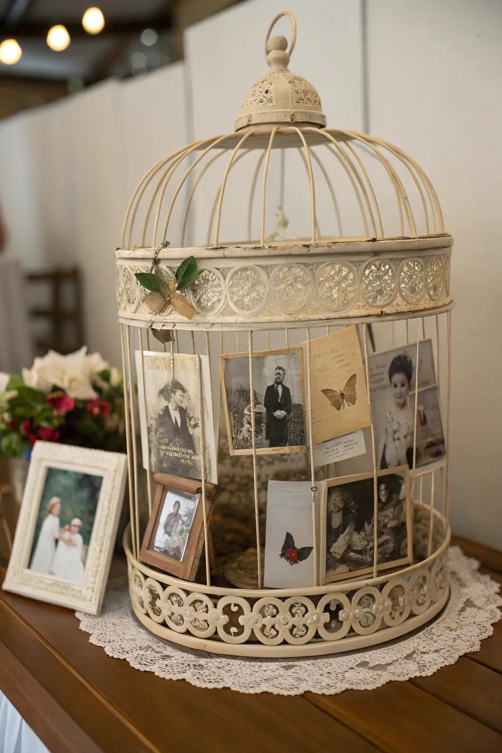 Family photos make a bird cage aesthetic truly personal.