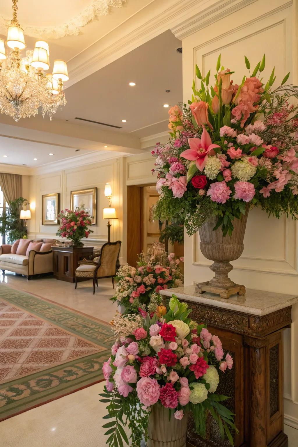 Floral arrangements introduce a lively and fresh element.