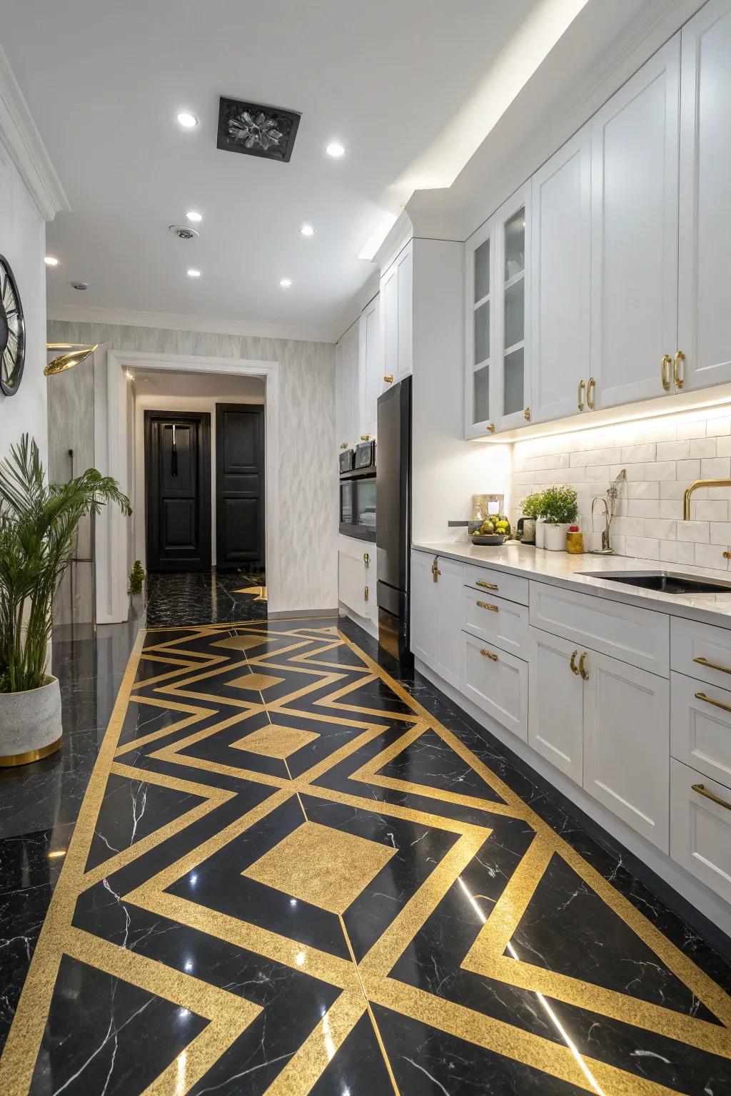 Ebony and gold flooring makes a statement in this kitchen.