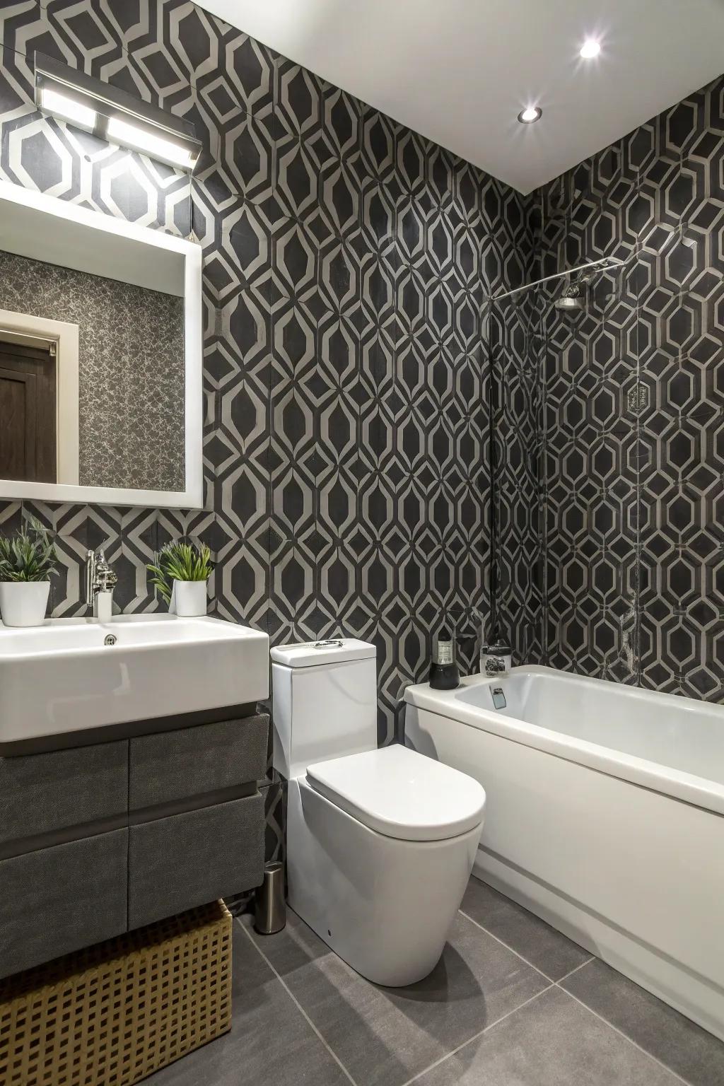A bathroom featuring themed wall coverings for a distinctive visual.