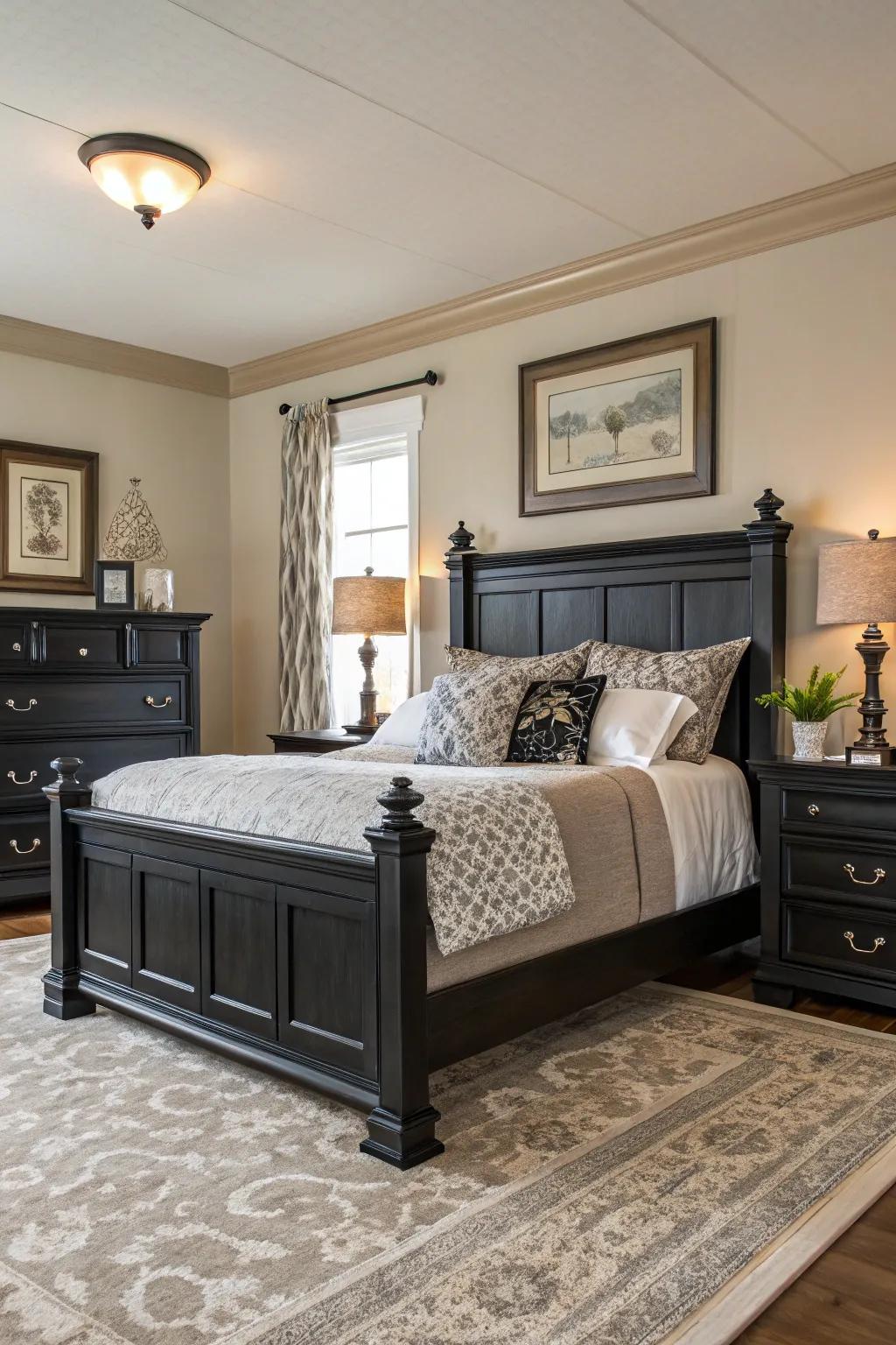 A bedroom featuring onyx-stained wood furniture for added warmth.