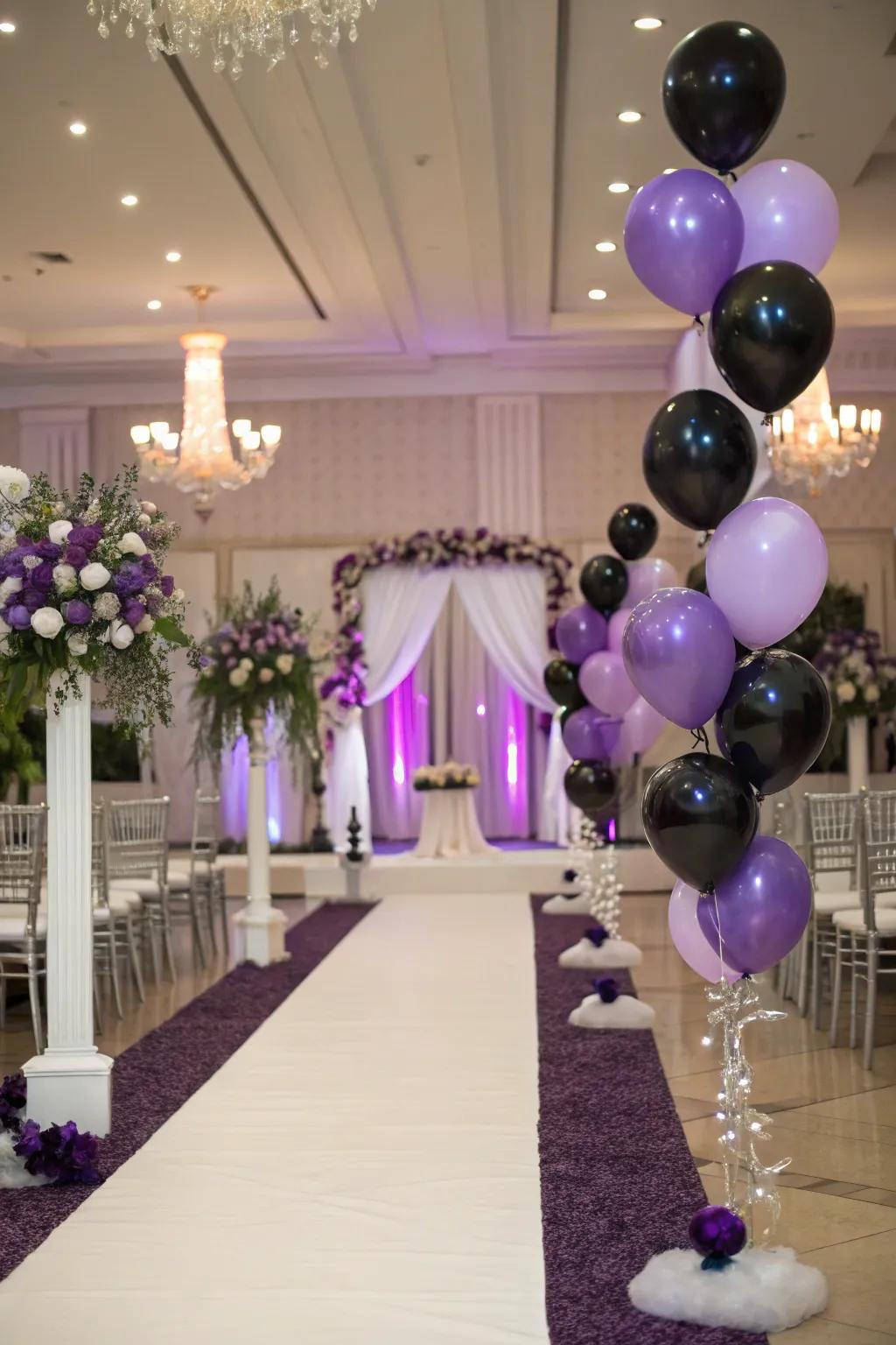 Playful balloon elements in violet and onyx.